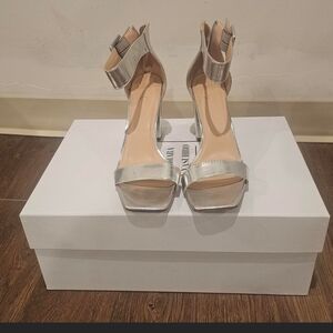 Silver Open Toe Women's Block Heels